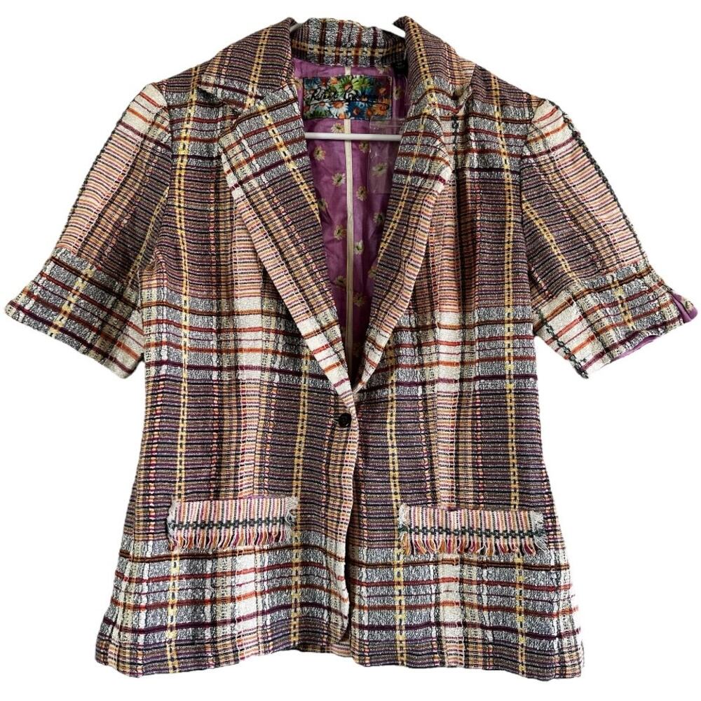 Robert Graham Short Sleeve Plaid Blazer Single Button Floral Lined Tan 10 NWOT